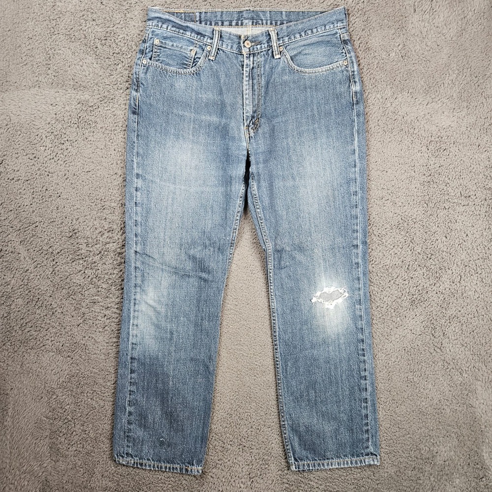 Levis 514 Straight Fit Mens 34x32 Blue Jeans Distressed Medium Wash Cotton